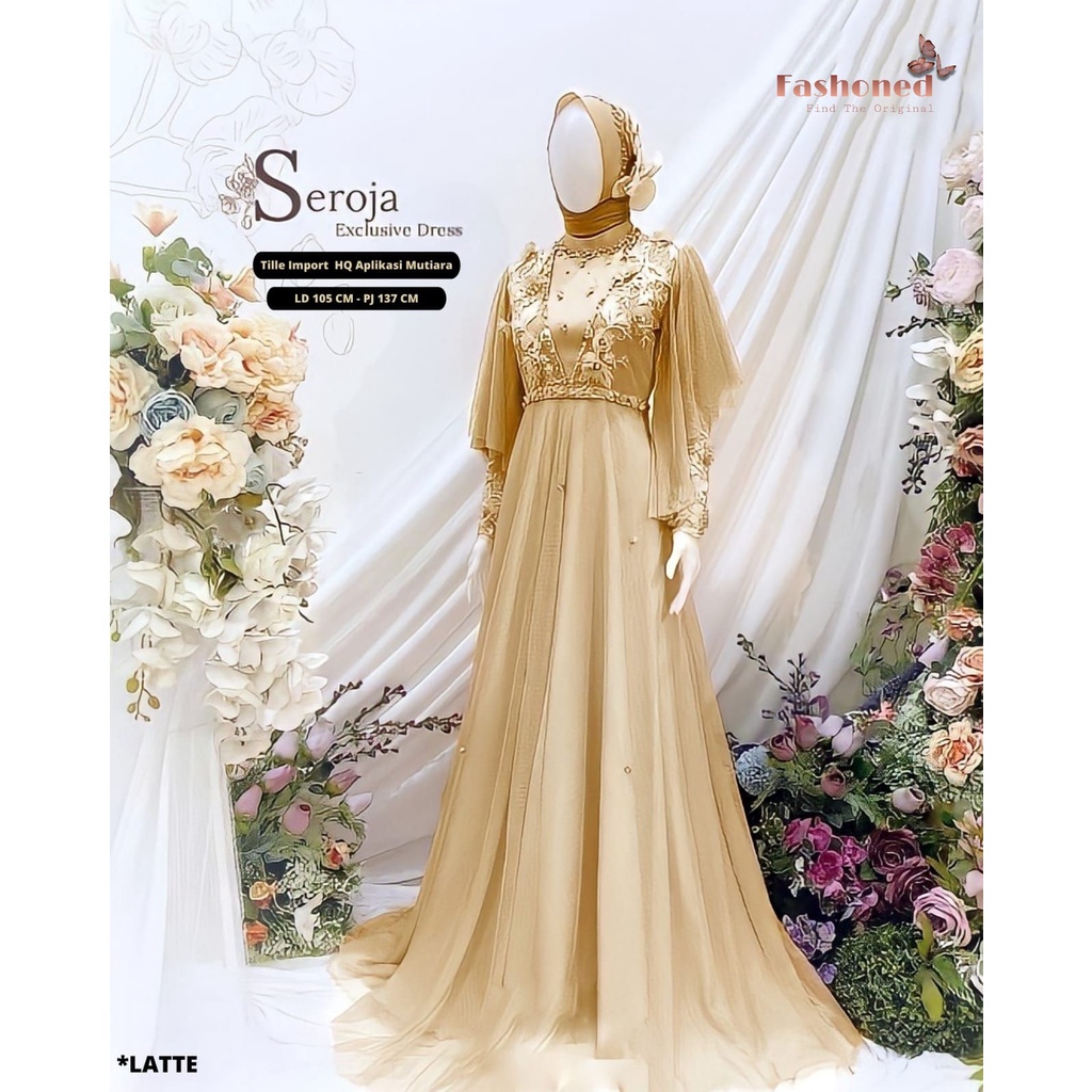 Seroja Dress Brukat Tille PREMIUM Dress Kondangan Muslim Wanita Remaja Terbaru Ld 100CM Nauren Maxy Bunga Veronica Brokat Gaun Pesta Muslimah Cantik Seragaman Baju Lebaran Kekinian Murah Grosir Konveksi Warna Sage Green Latte Brown Lavender Grey Toska