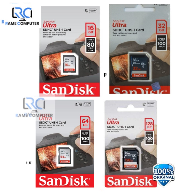 SANDISK SDHC SD CARD 16GB 32GB 64GB 128GB Class10 up to 100Mbps - Kartu memori Kamera