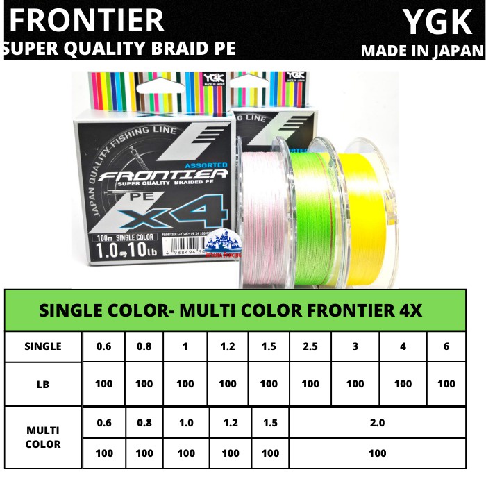 PE YGK FRONTIER X4 COL SINGLE/MULTI COLOR 100M BRAID BENANG PE 0.6/0.8/1.0/1.2/1.5/2.0/2.5/3.0/4.0/