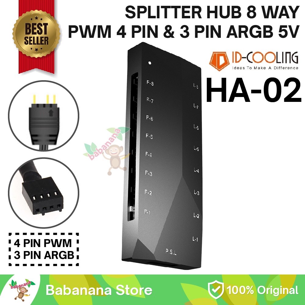 Id Cooling HA 02 pwm argb 3 pin 8 fan hub splitter cabang aura sync