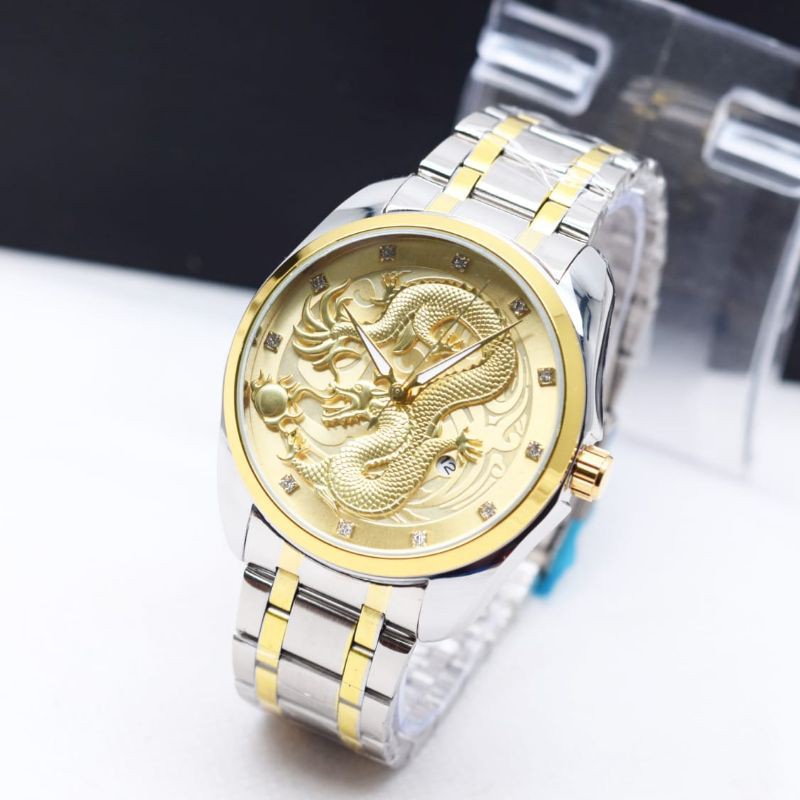 Jam Tangan Pria Rolex Dragon Tali Rantai Body Bulat Tanggal Aktif