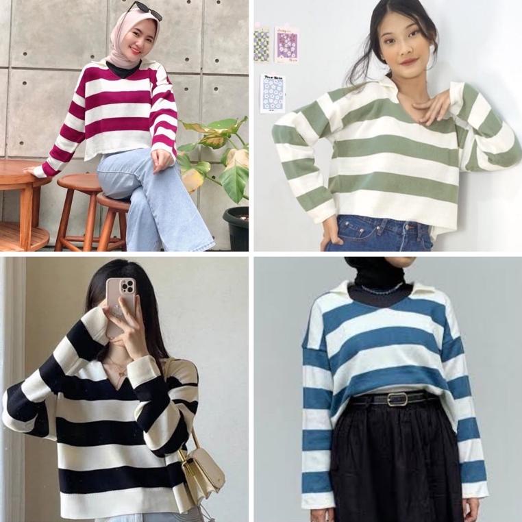 STOK TERBATAS BAJU RAJUT WANITA CROPTOP BLASTER GARIS SALUR PREMIUM FUJI SWEATER MURAH