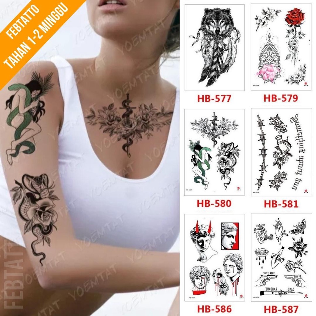 Tato Temporer Ukuran 21cmx15cm Motif Aesthetic Tatto Temporary Stiker Tato Halal Grosir Tato air motif serigala, bunga, ular, tulisan, patung yunani, pistol, pedang HB 580