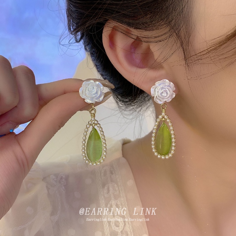 Musim Panas Anting Hijau Baru Mutiara Bunga Stud Earrings Fashion Wanita Earrings