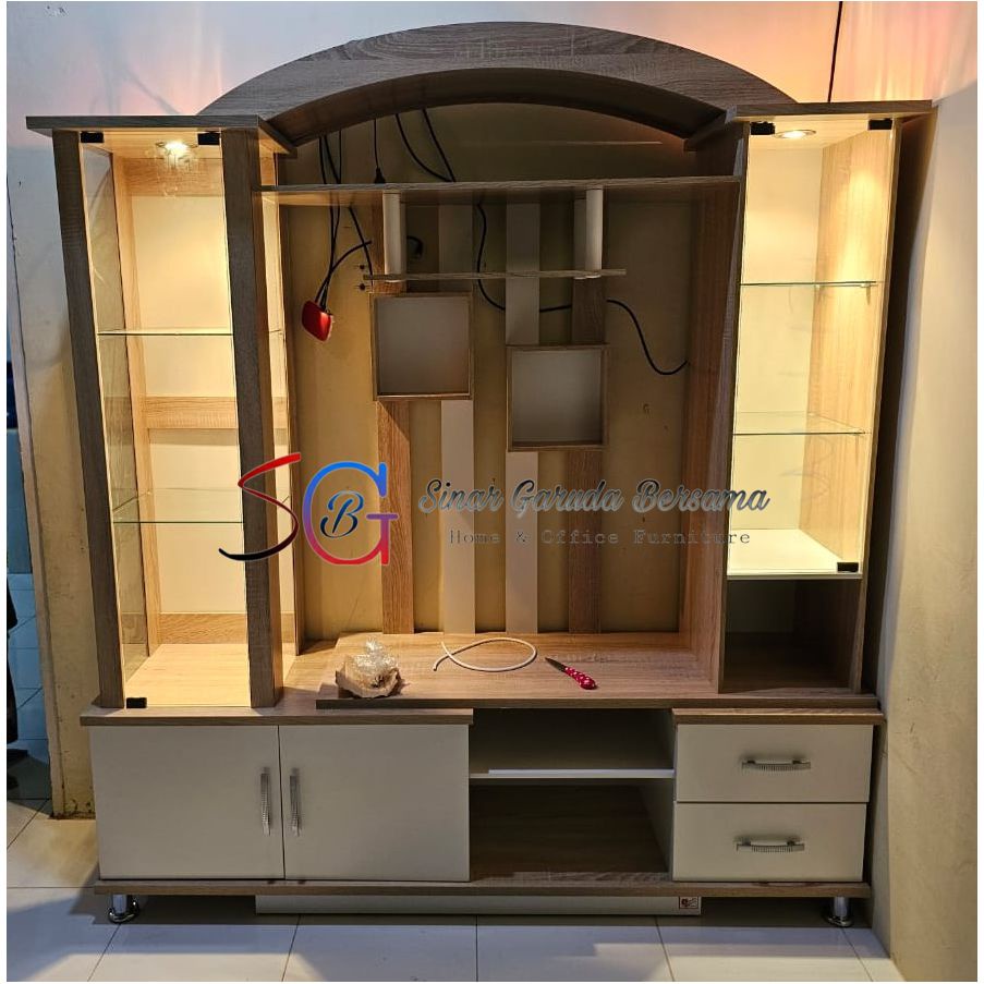 BUFET LEMARI TV JUMBO COKELAT PUTIH + KACA / LEMARI TV BOFET
