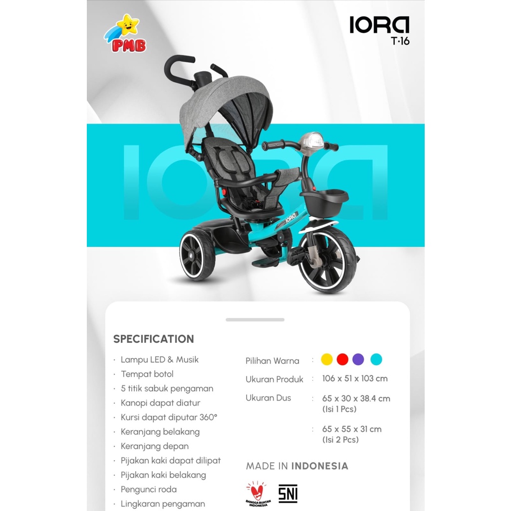 Sepeda Roda Tiga Anak PMB IORA TRICYCLE T16 terbaru Baby Tricycle termurah , sepeda anak murah