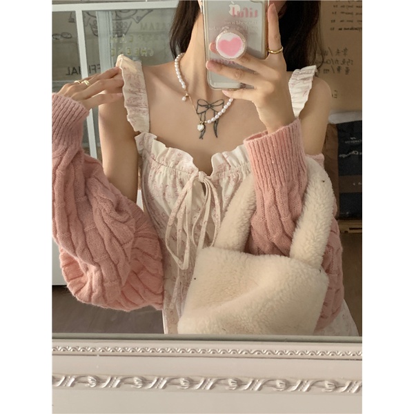 Red kumikumi suit wanita pendek sweter kardigan jaket musim semi bunga lembut rok suspender gaun dua potong set