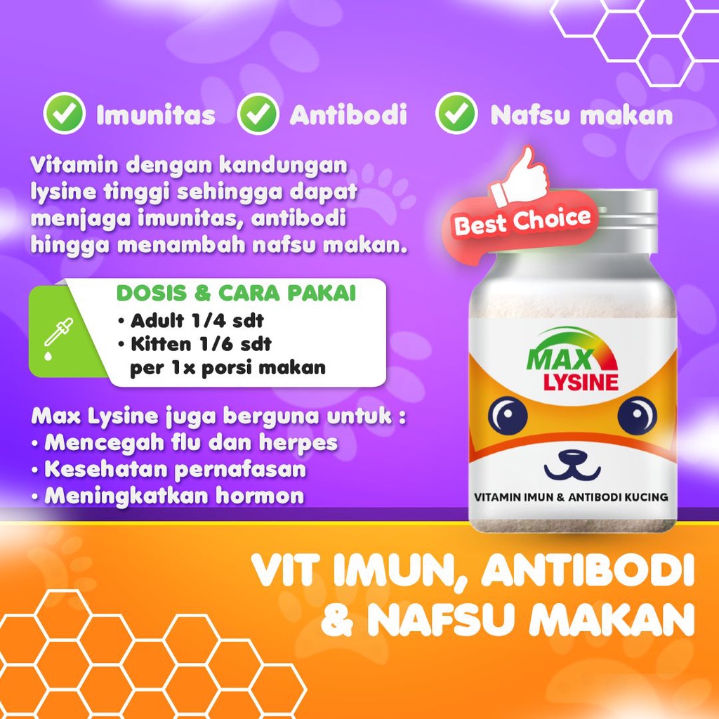 MAX LYSINE Vitamin Kucing Penambah Nafsu Makan meningkatkan Imun kucing  dan Anti bodi vitamin nafsu makan anjing dan kucing