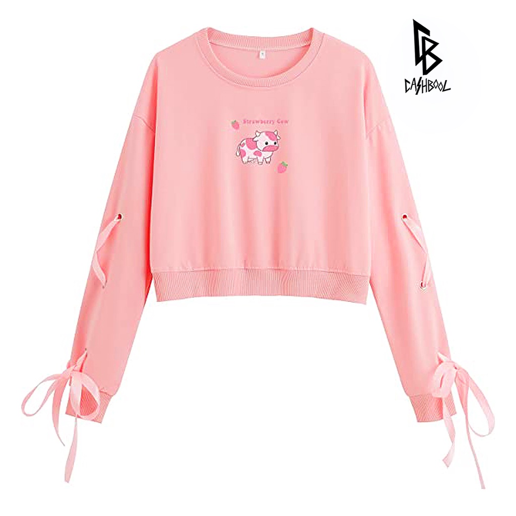 CASHBOOL Crop Crewneck Strawberry Cow Print Tali Pita Sweater Basic Polos ALL SIZE &amp; BIG SIZE