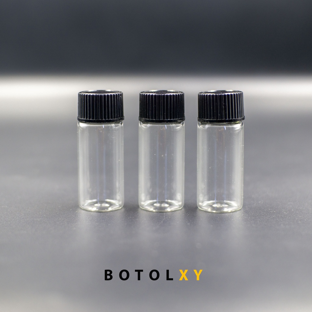 Botol 10ml Kaca Bening Tutup Ulir Drat Putar Hitam / Putih - Botol Sample Tester