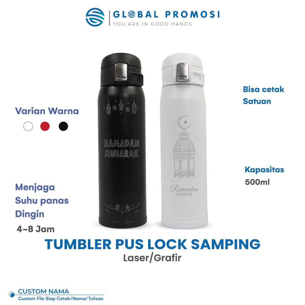 Tumbler Termos Push Lock Samping Custom Laser Grafir Souvenir/Promosi Nama Logo Karakter