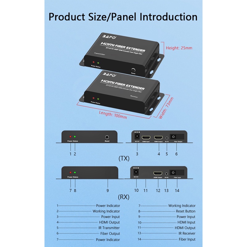 Bafo BF-376 HDMI Fiber Extender Over Single Fiber 20KM