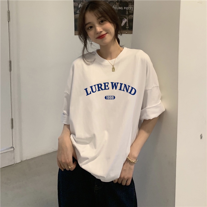 XIAOZHAINV Kaos Atasan Wanita Blue Letters Pattern Lengan Pendek A0269