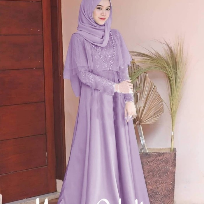 Gamis Wanita Brukat Maxi Dress Muslim Brokat Furing Pesta Kondangan - Lilac, L