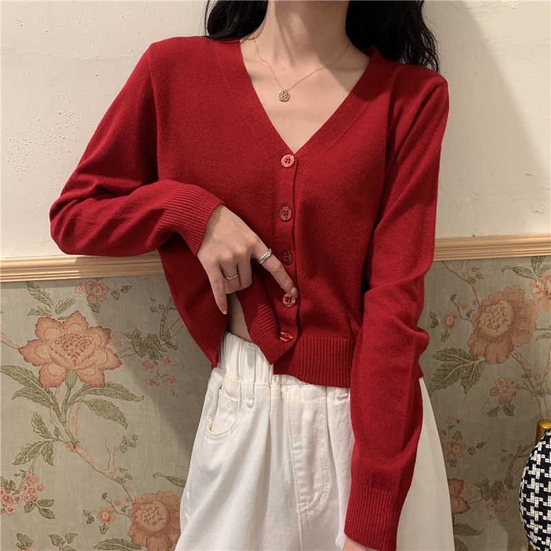 Red 2023 baru musim semi dan musim gugur kardigan rajutan wanita versi Korea pendek V-neck di dalam dengan jaket sweater tipis lengan panjang di luar