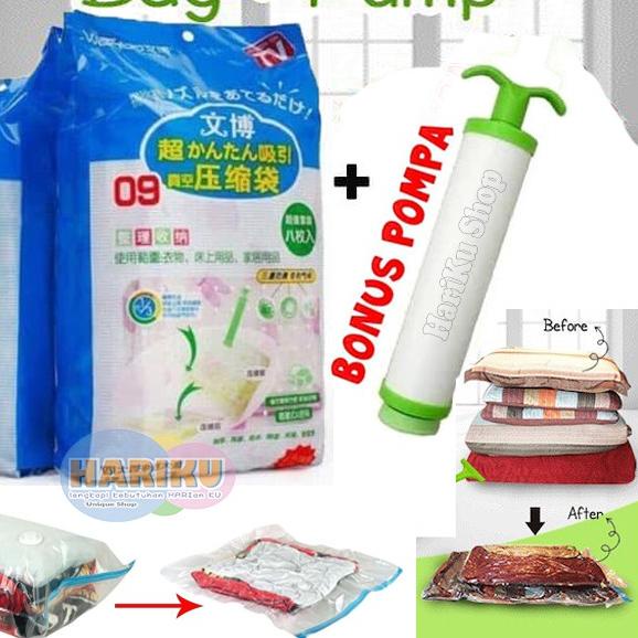 ○ Vacuum Bag Jumbo isi 8 + FREE Pompa / Plastic Vakum Bag Travel Set - X478 ♚