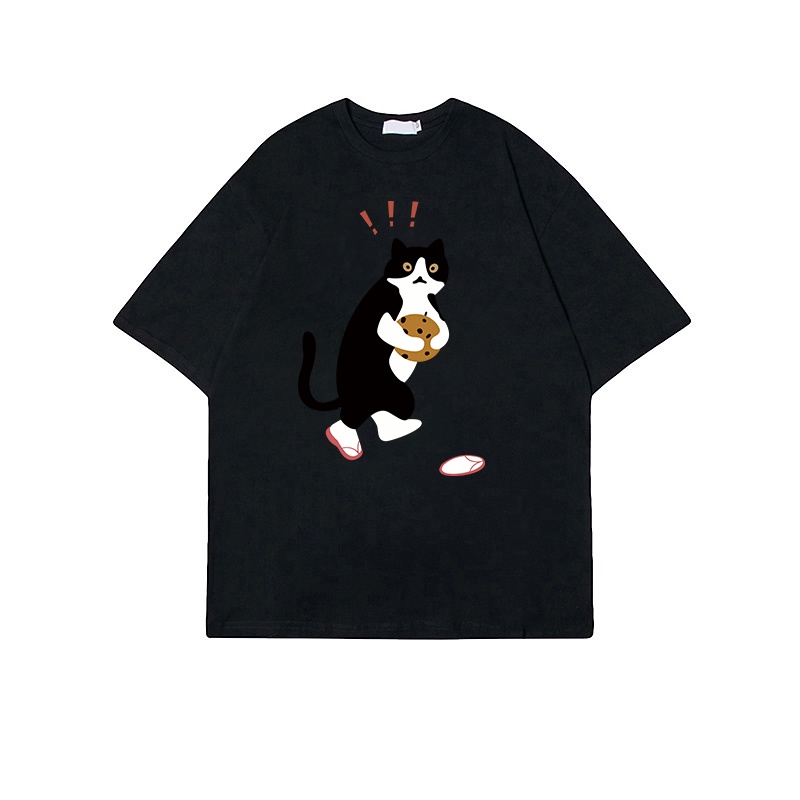 Korean Style Cute Cat Kaos Putih Atasan Wanita Lengan Pendek Oversize Printed T-shirt Baju Wanita Kekinian