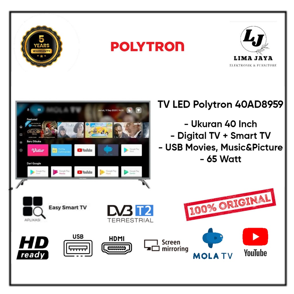 POLYTRON LED TV 40AD9859 DIGITAL + EASY SMART TV LED 40 Inch