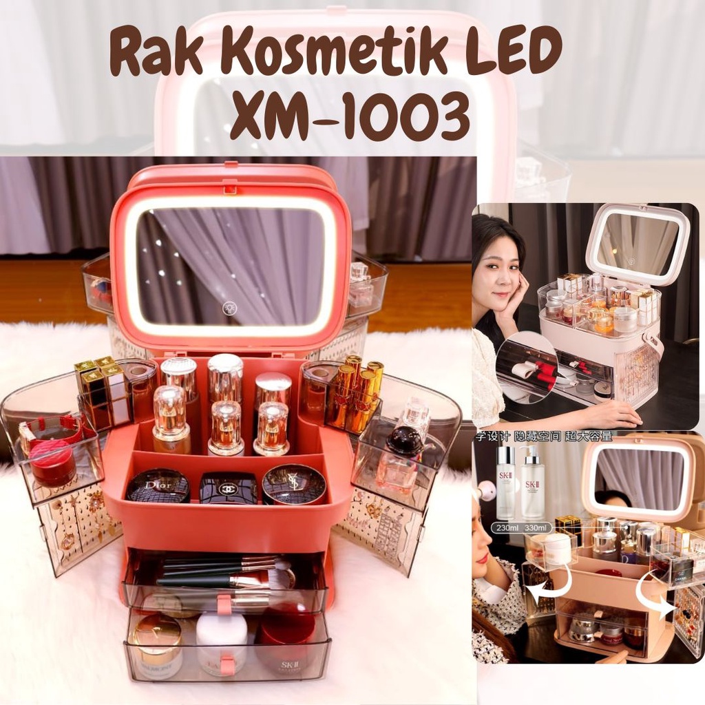 Rak Kosmetik LED Kotak Make Up Box Kosmetik Cermin LED Tas Makeup Rak Kosmetik Perhiasan