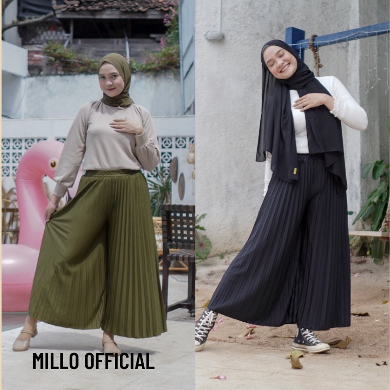 celana kulot wanita highwaist loose pants plisket crinkle linen rayon scuba jumbo lidi panjang premi