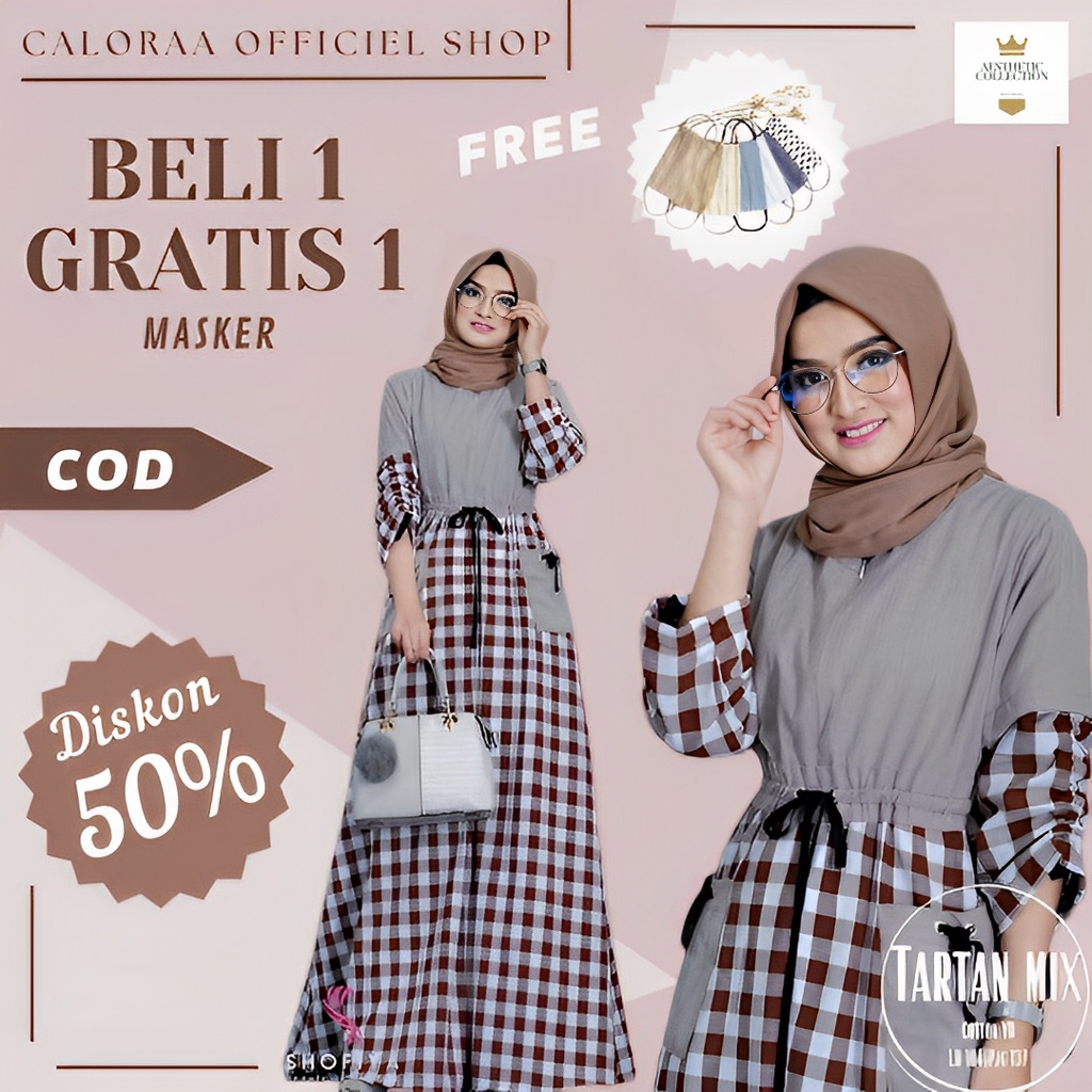 TARTAN MAXI Dress Dres Gaun Cewek Busana Muslim Muslimah Baju Bju Gamis Kondangan Dewasa Remaja Coup