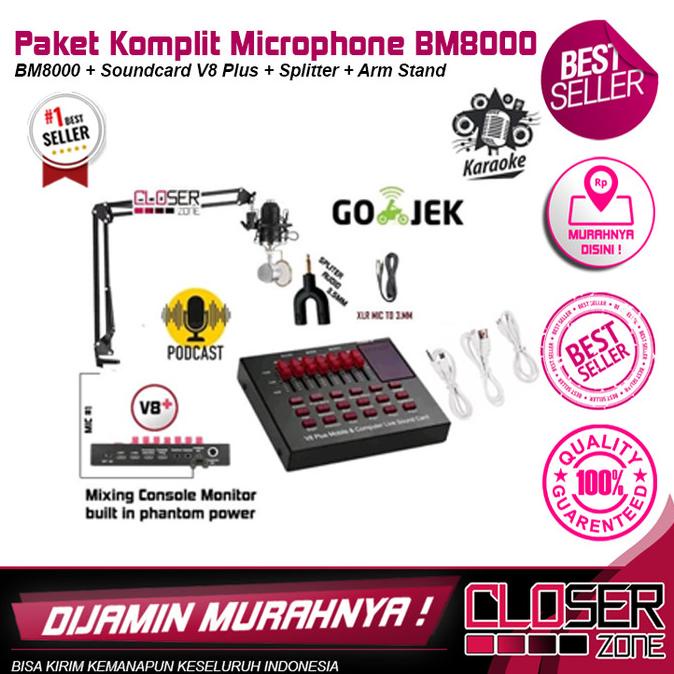 PAKET KUMPLIT MIC CONDENSER BM 8000 bm-8000 bm8000 STAND SOUNDCARD v8+