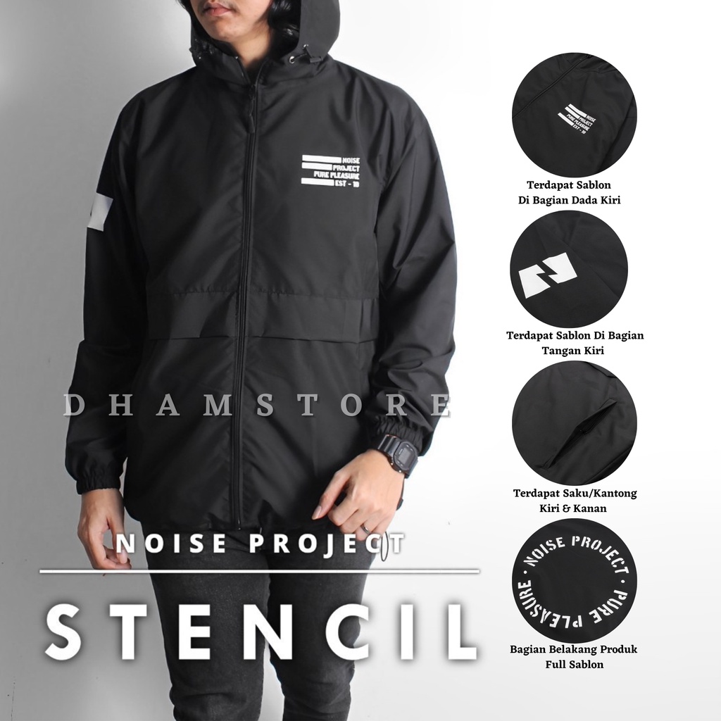 Black Jaket Outdoor Stencil Jaket Pria Jaket Parasut Jaket Noise Project