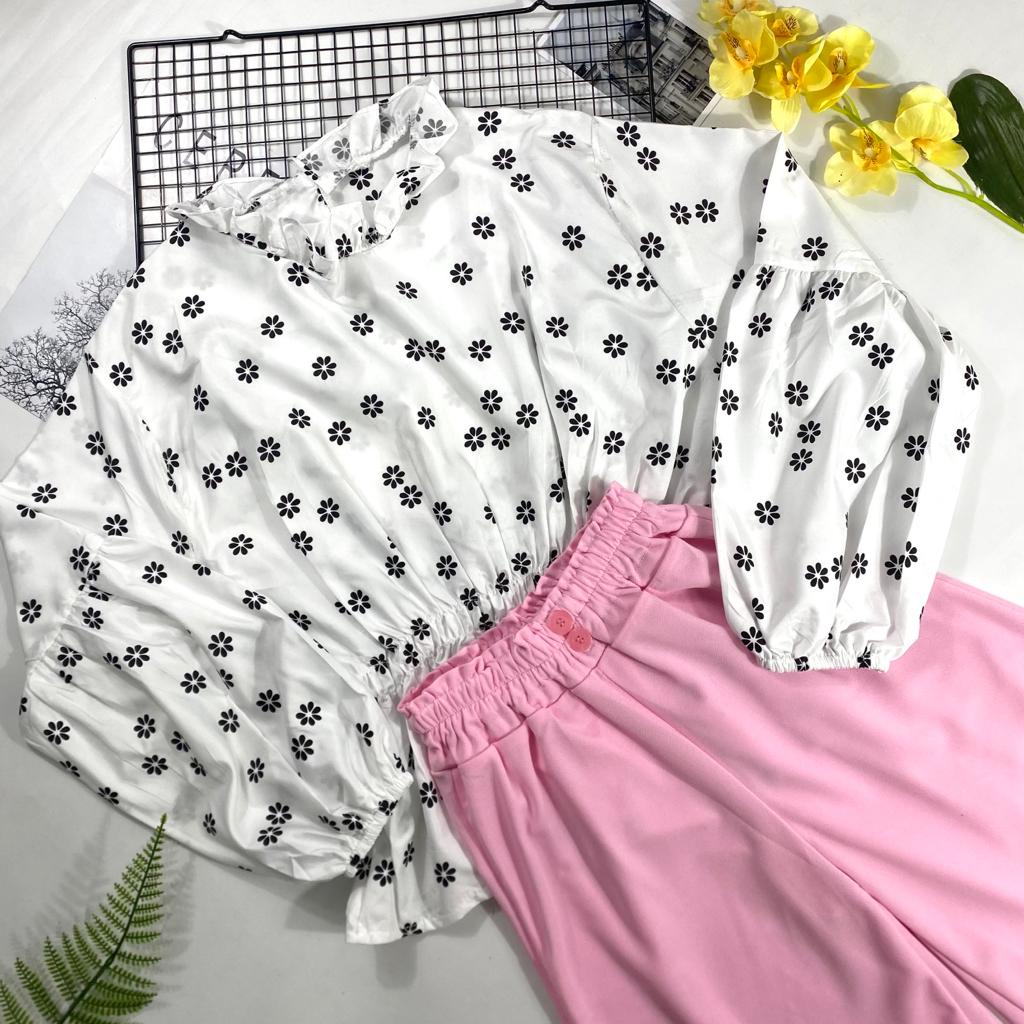 IL - SETELAN BYTHA MOTIF BUNGA TERBARU / ONE SET KULOT BUTTON 2 KANCING BAHAN CREPE PREMIUM-BYTHA PUTIH+PINK