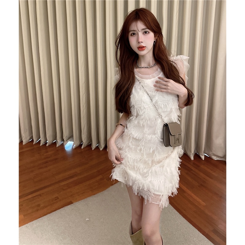 Red Chic Seksi Leher Bulat Pullover Kasual Peri Gaun Musim Panas Desain Pinggang Tinggi Rompi Rumbai A-Line Rok Pendek