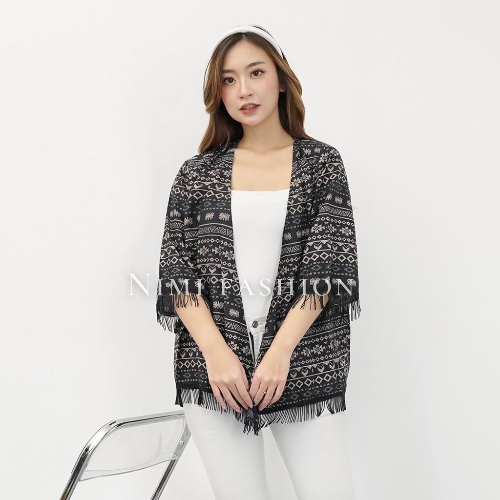 NIMI - Cardigan Bohemian Rawis Cardigan Wanita Korea Tribal Rumbai