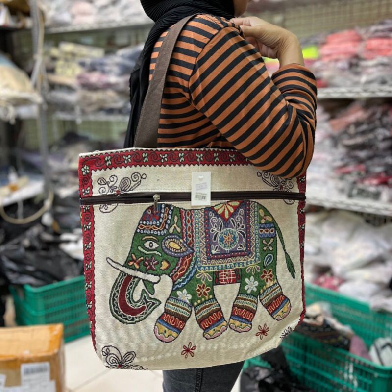 Tote bag jumbo kanvas import thailand bangkok / tas tenun etnik gajah owl / tas souvenir murah