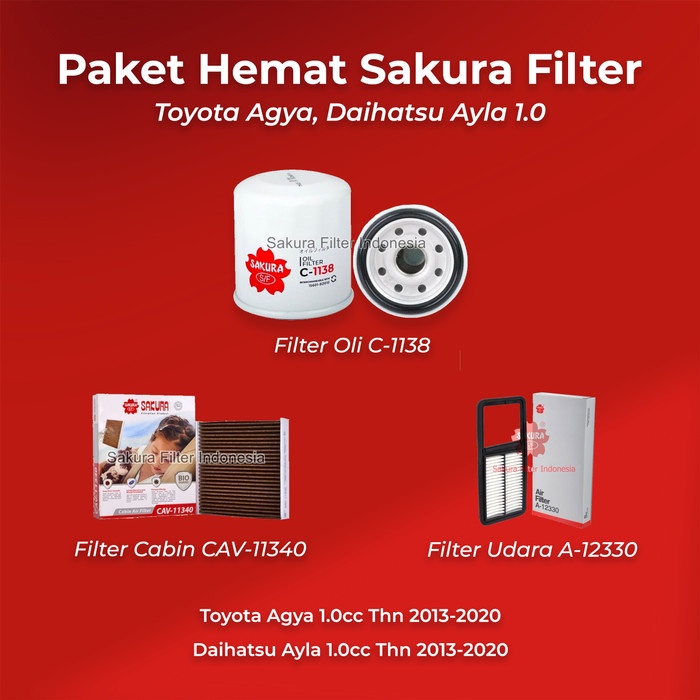 Terlaris Paket Hemat Sakura Filter Agya, Ayla 1.0 13-20 (Udara, Cabin,Oli)