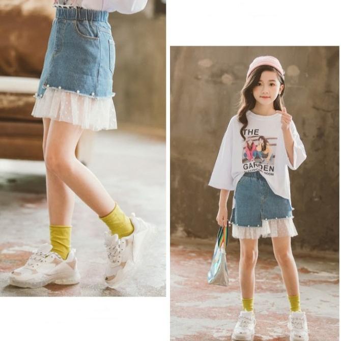 [508110] - Bawahan Rok Pendek Impor Jeans Renda Mutiara Anak Perempuan
