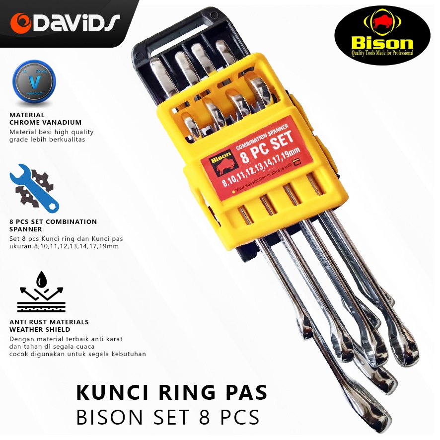 Kunci Ring Pas Set Konci Kombinasi Baja Serbaguna Bison 8pcs 8-19mm