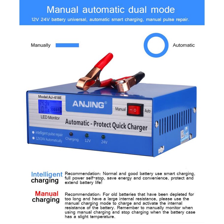 (dalam stok, dikirim dari jakarta)Pengisi daya baterai mobil dan sepeda motor universal Pengisi daya baterai mobil 12V / 24V, perbaikan pulsa komputer mikro mode ganda manual otomatis