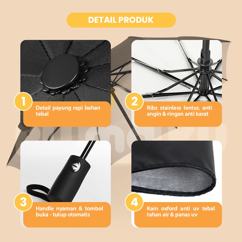 Rumaku Payung Lipat Polos Otomatis Buka Tutup Anti UV Lipat Tiga Premium Quality