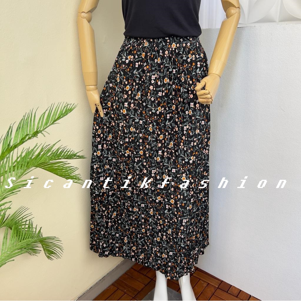 Rok Plisket Motif Bunga Dahlia Panjang 90cm bahan Hyget Premium Size Fit to Xl