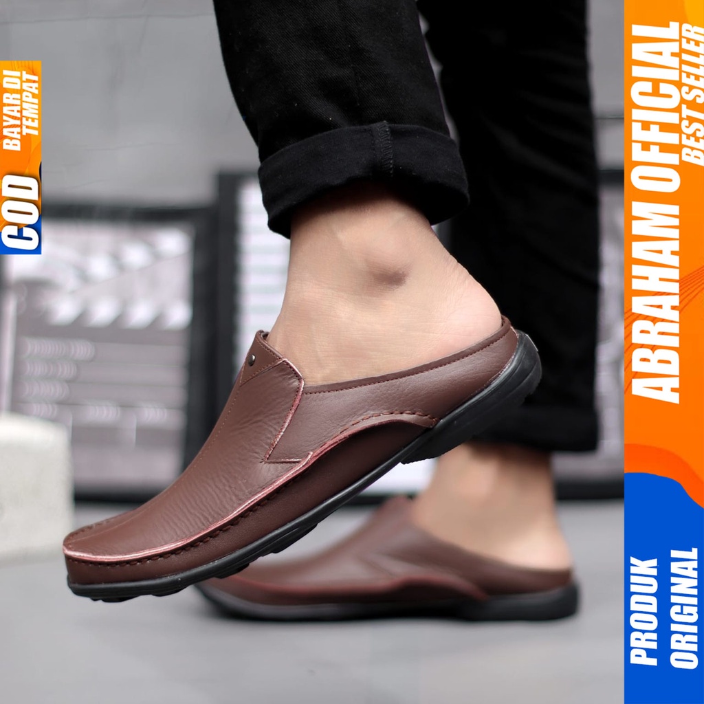 ABRAHAM Sandal Slide Hitam Selop Kulit Pria Sendal Pria