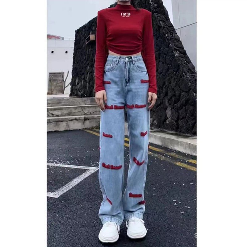 [✅BISA COD] #Sisjuly# Celana Jeans Lurus Wanita Lurus 2023 Huruf Bordir Pinggang Tinggi Celana Kaki