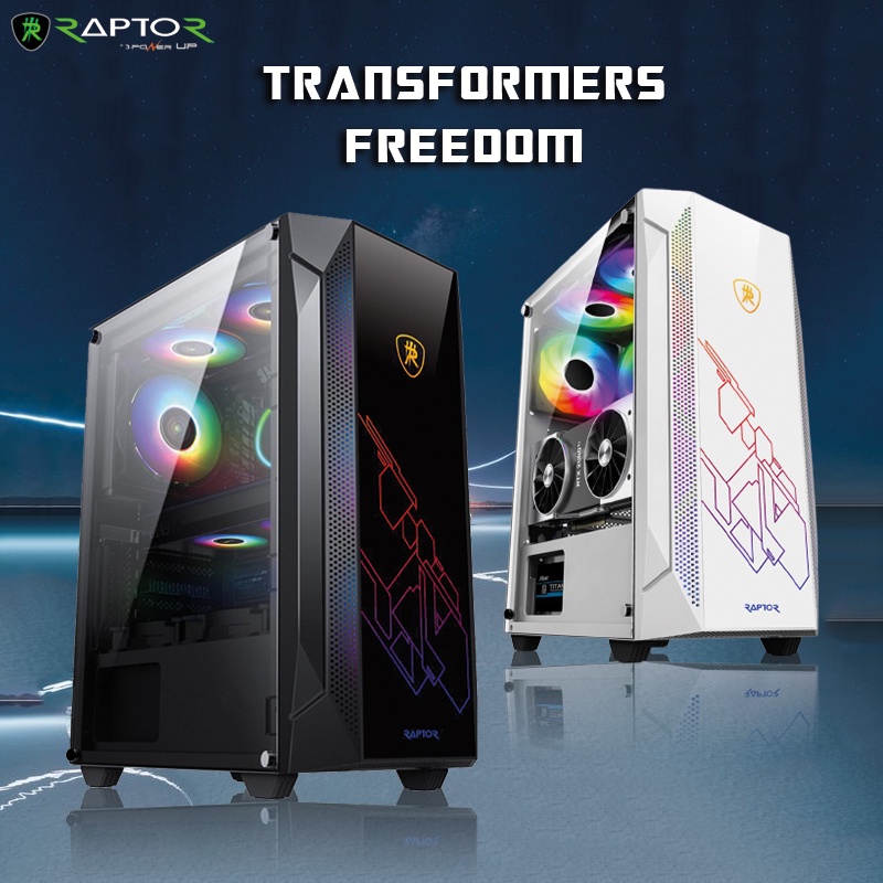 Power Up Casing Raptor Transformer FREEDOM Mid Tower ATX With 3 Fan Case ARGB Tempered Glass