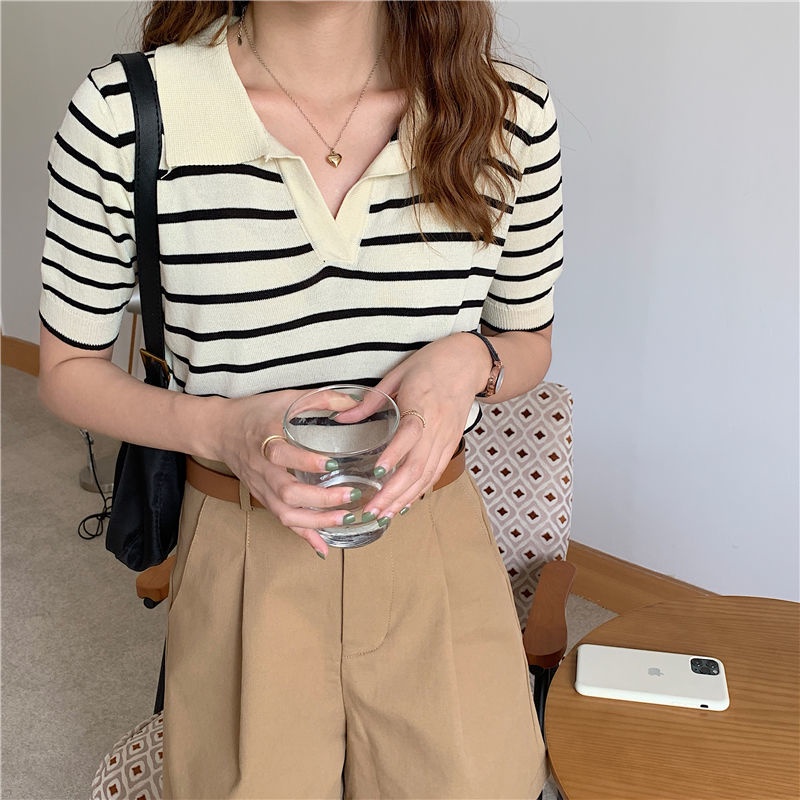 Red Fashion POLO Kerah Bergaris Top Wanita Musim Panas Gaya Baru Tipis Lengan Pendek Es Sutra T-shirt Sweater