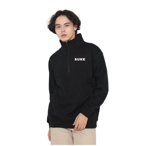 Jaket Suke Halfzip Rugby Sweatshirt Hitam Unisex / Sweater Zipper Murah / Sweater Resliting Kekinian / Turtleneck Sweatshirt / Sweater Berkerah