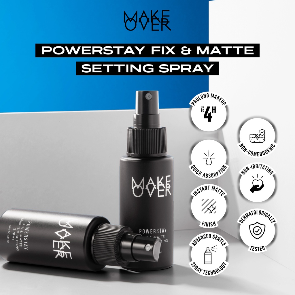 MAKE OVER Powerstay Fix &amp; Matte Setting Spray - Makeup tahan lebih lama tidak luntur nyaman tidak lengket tidak berat hasil matte non-comedogenic