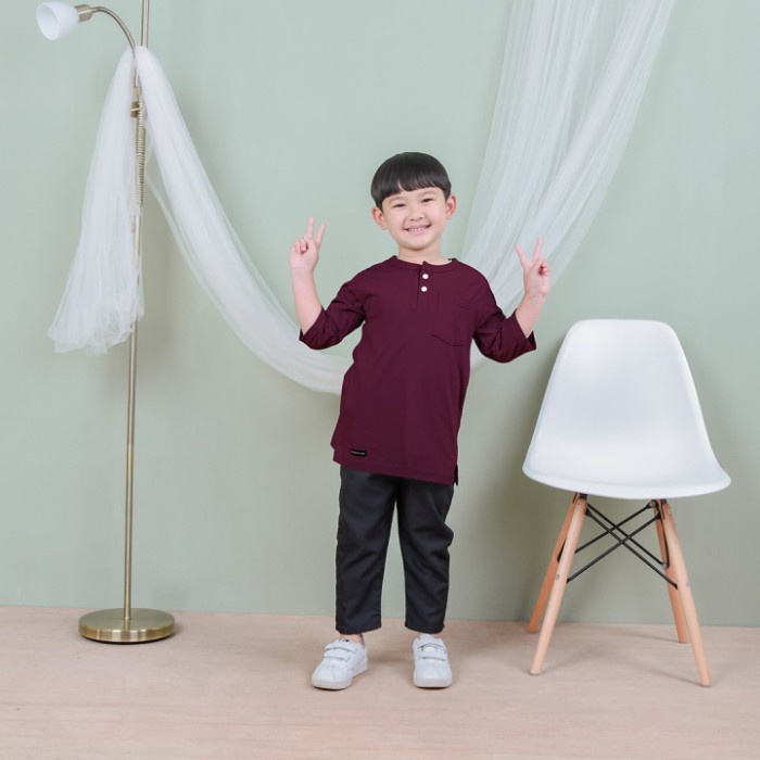 KURTA ANAK BAHAN KAOS COTTON COMBED BAJU MUSLIM KOKO ANAK QOMISHU - Maroon, 2XL (10 Tahun)