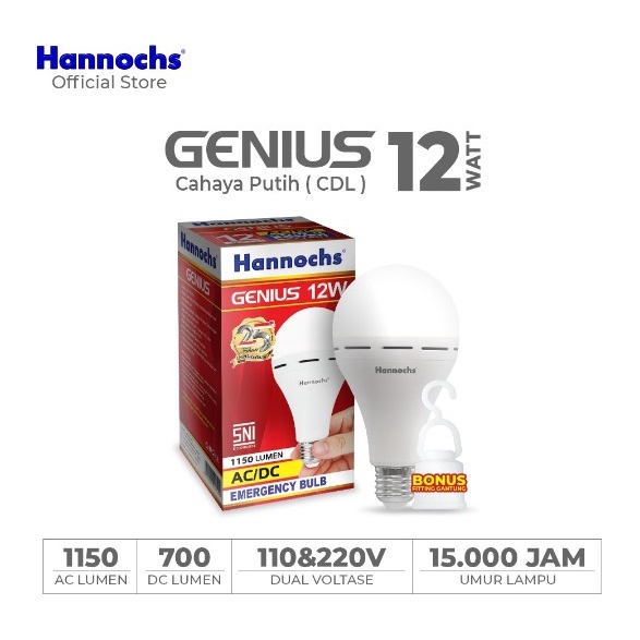 HANNOCHS Lampu LED Emergency AC/DC GENIUS 6W 8W 10W 12W 15W / 6 8 10 12 15 Watt Cahaya Putih