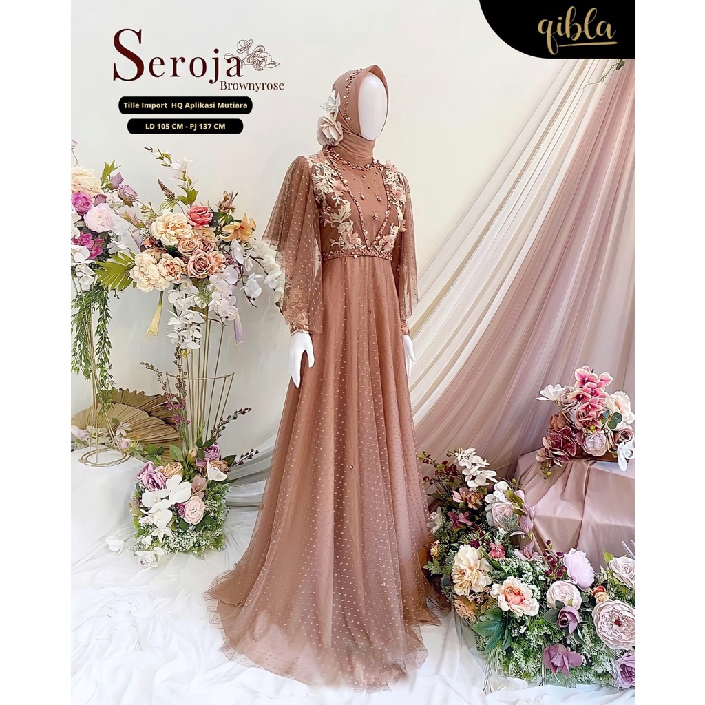 Seroja Dress Brukat Tille PREMIUM Dress Kondangan Muslim Wanita Remaja Terbaru Ld 100CM Nauren Maxy Bunga Veronica Brokat Gaun Pesta Muslimah Cantik Seragaman Baju Lebaran Kekinian Murah Grosir Konveksi Warna Sage Green Latte Brown Lavender Grey Toska