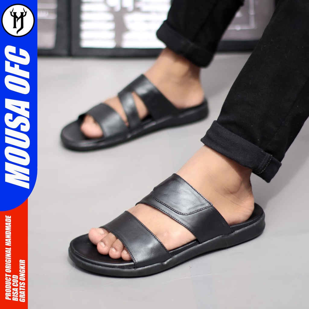 Sandal Slide Pria Full Black Sandal Pria Kulit Asli Velcro Original Mousa Minete