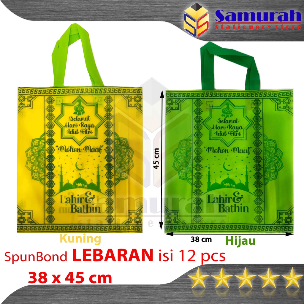 

Tas Bahan Spunbond Uk 38 x 45 x 8 cm / Goodie Bag edisi Sablon Lebaran 2 sisi - Idul Fitri Per Pak isi 12 pcs