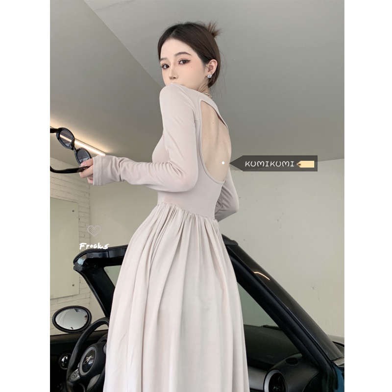 Red kumikumi Hepburn gaya kerah persegi jahitan gaun backless rok panjang pinggang pelangsing wanita musim gugur