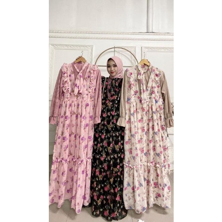 SET GAMIS CERUTY PRINTING SYARI MOTIF BUNGA CANTIK BUSUI BABYDOLL MURAH BAJU MUSLIM